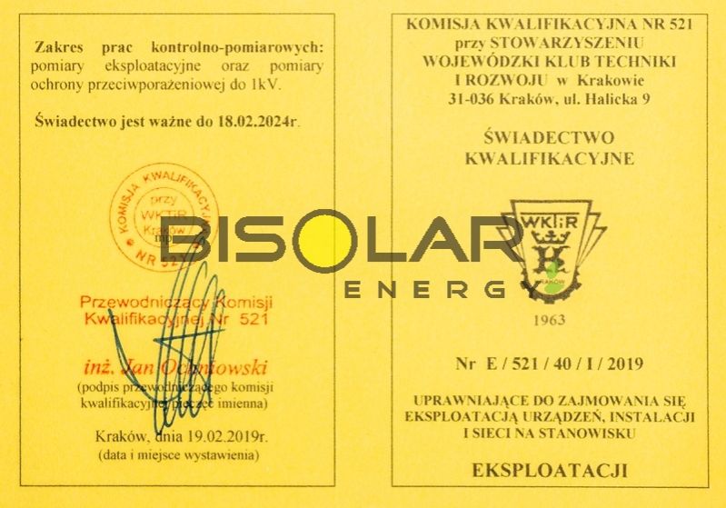 Bisolar Energy Krakow certyfikaty