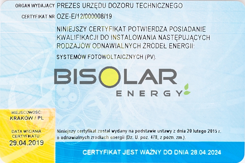 Bisolar Energy Krakow certyfikaty