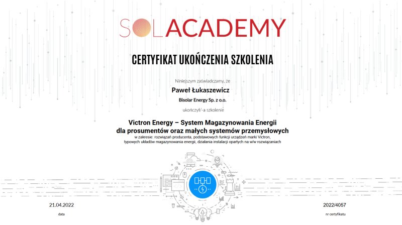 certyfikat Victron Energy magazyny energii